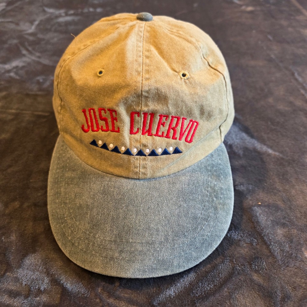 Vintage Jose Cuervo Adams Hat Two Tone Tan Green Leather Strap Tequila Promo Cap